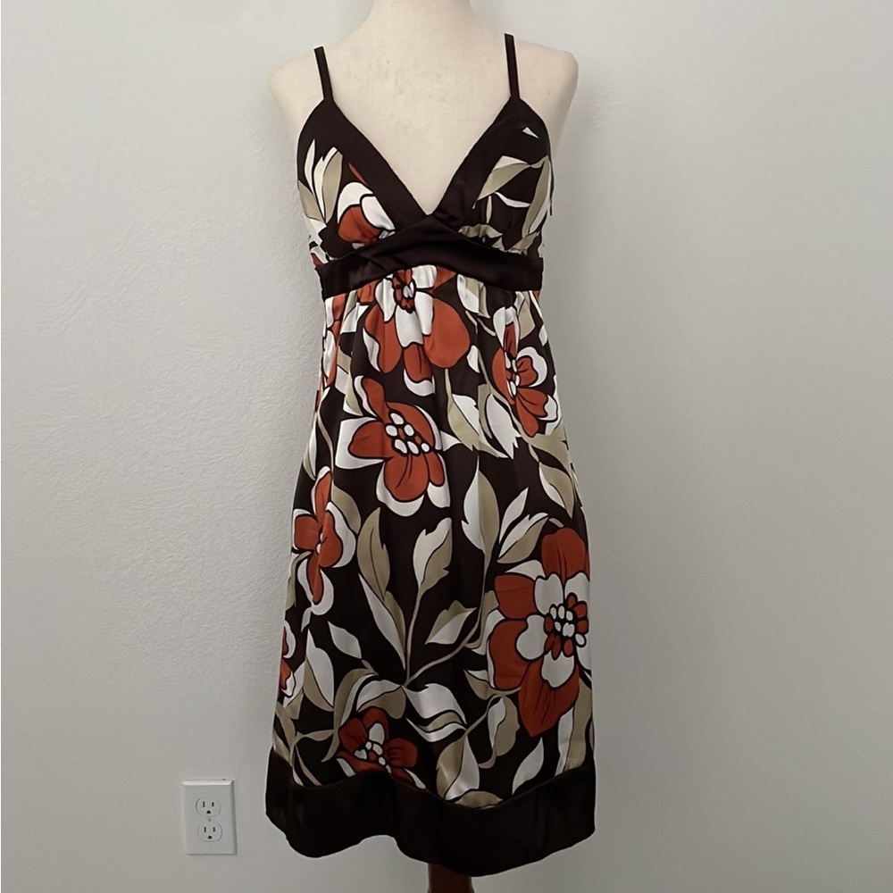 Heart Soul Floral Tropical Sweetheart Strap Short Brown Orange Tan Dress Small